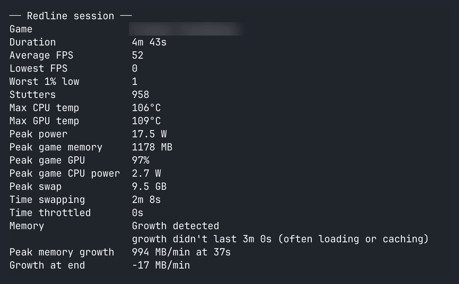 Redline session summary showing frame rates, stutters, temperatures, power and a memory growth assessment; game name hidden