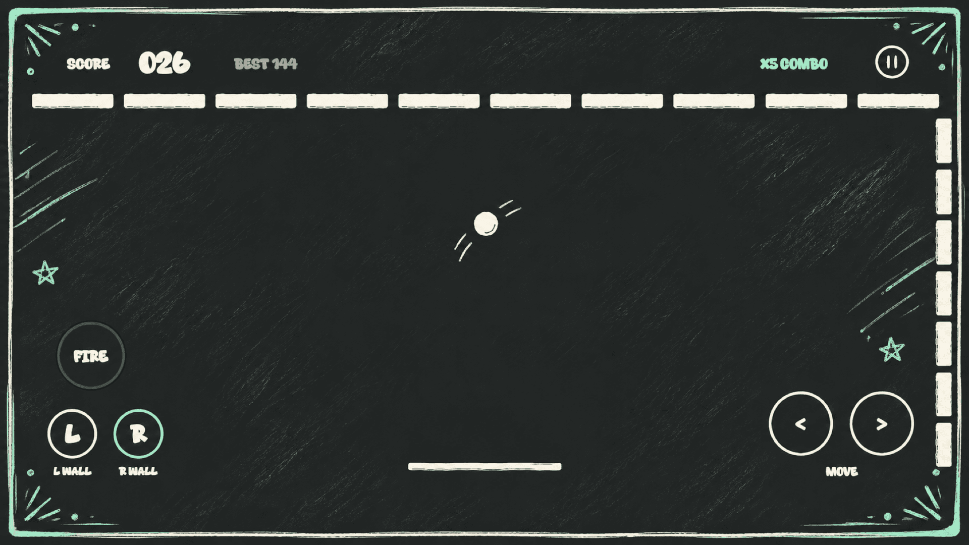 Dot Bounce gameplay with a bouncing ball, bottom paddle, score counter, and five-times combo