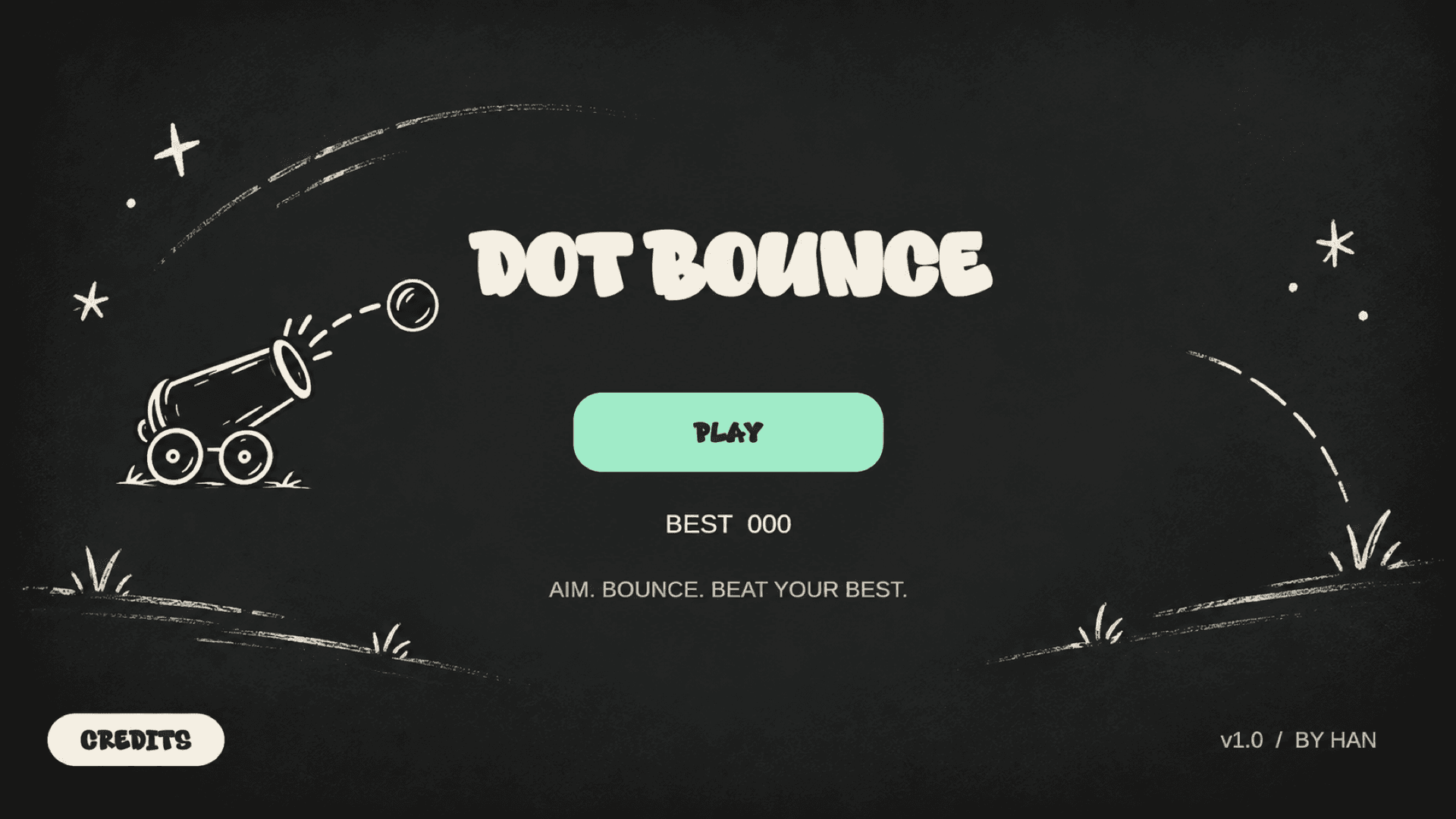 Dot Bounce home screen with a hand-drawn cannon, Play button, and local best score