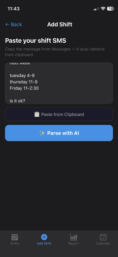 Rota add-shift screen with a pasted roster message and Parse with AI button