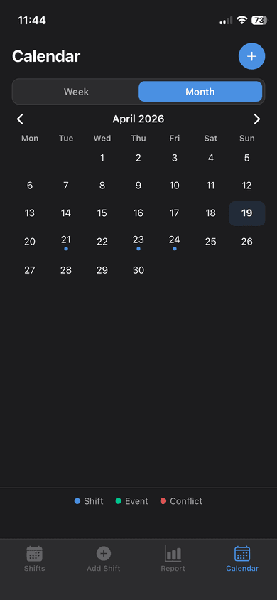 Rota monthly calendar with dots marking days containing shifts