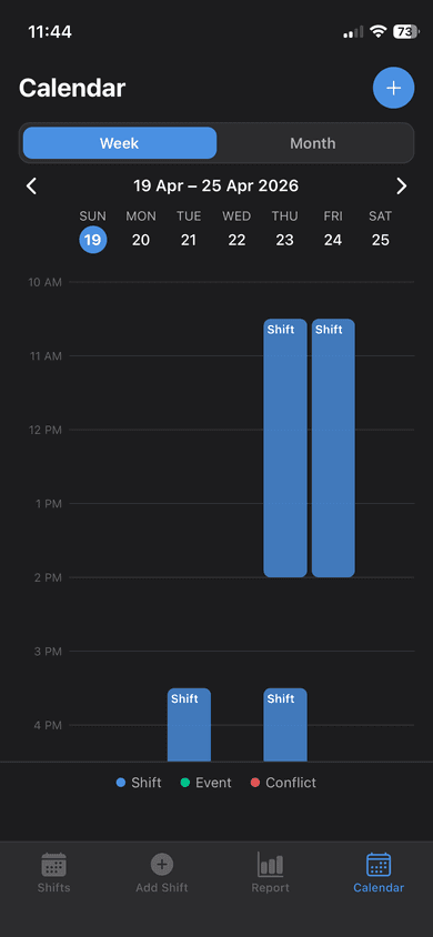 Rota weekly calendar with work shifts displayed as time blocks