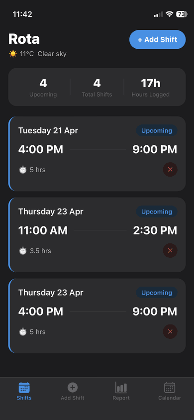 Rota home showing upcoming shifts, start and finish times, and total hours