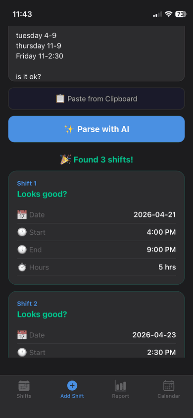 Rota displaying parsed shifts for review, including dates, times, and hours